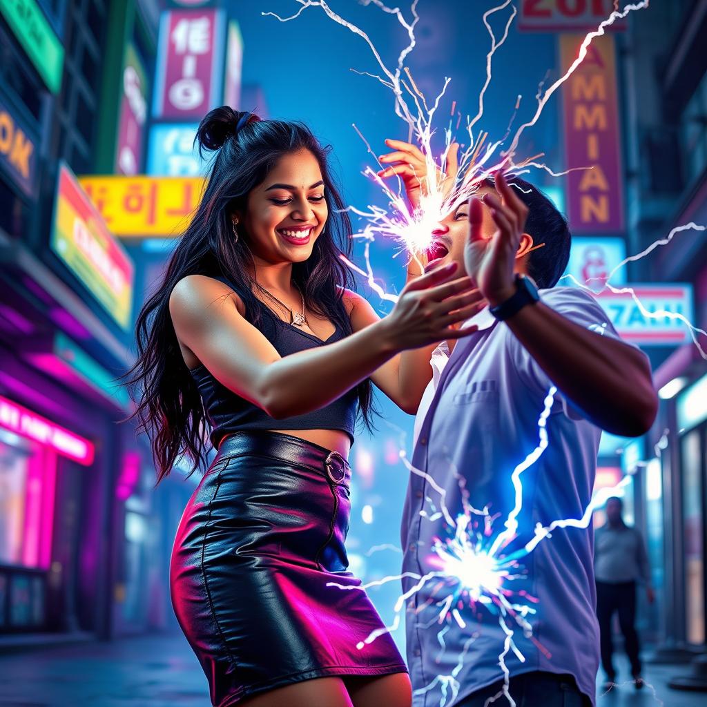 A young Indian girl wearing a sleek leather skirt, energetically using her zapping power against a man who is visibly shocked and screaming