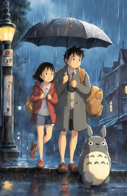 Detailed My Neighbor Totoro poster in Studio Ghibli style featuring Satsuki, Mei and Totoro at a bus stop under a rain-soaked sky