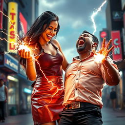 A young Indian girl in a stylish leather skirt, playfully directing her zapping power towards a man, who is screaming in pain as electric sparks fly around him