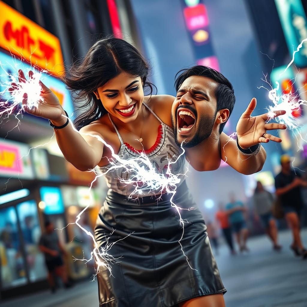 A young Indian girl in a stylish leather skirt, playfully directing her zapping power towards a man, who is screaming in pain as electric sparks fly around him