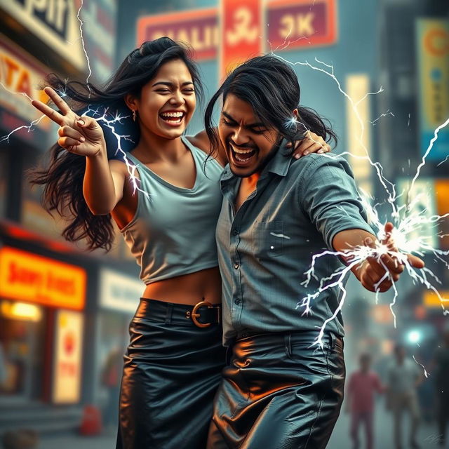 A young Indian girl in a stylish leather skirt, playfully directing her zapping power towards a man, who is screaming in pain as electric sparks fly around him