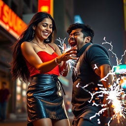 A young Indian girl in a stylish leather skirt, playfully directing her zapping power towards a man, who is screaming in pain as electric sparks fly around him