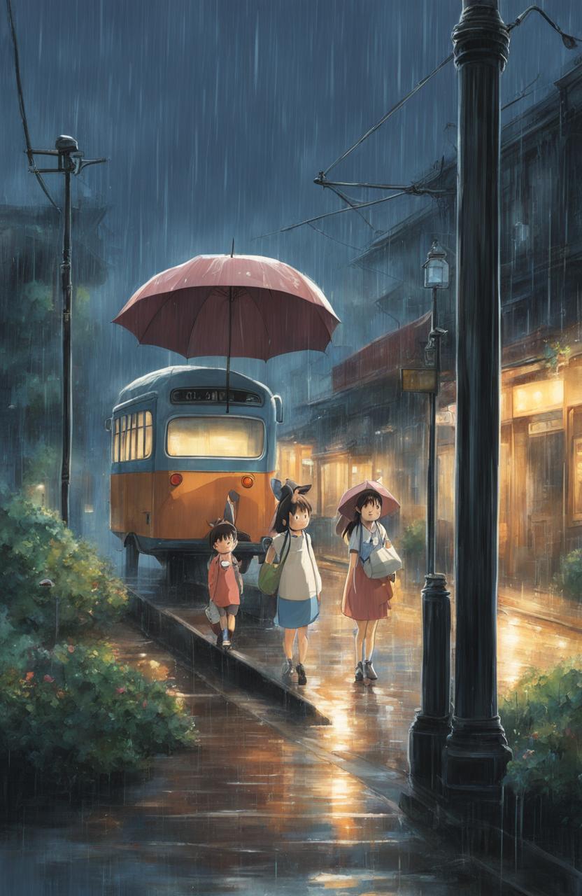 Detailed My Neighbor Totoro poster in Studio Ghibli style featuring Satsuki, Mei and Totoro at a bus stop under a rain-soaked sky