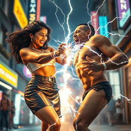A young Indian girl in a stylish leather skirt, confidently wielding zapping power towards a half-naked man, who is screaming in pain as electric sparks fly around him