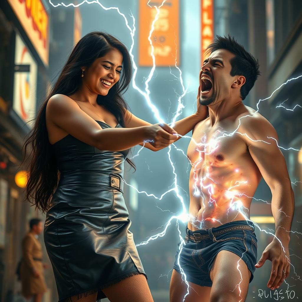 A young Indian girl in a stylish leather skirt, confidently wielding zapping power towards a half-naked man, who is screaming in pain as electric sparks fly around him