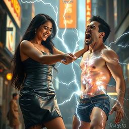 A young Indian girl in a stylish leather skirt, confidently wielding zapping power towards a half-naked man, who is screaming in pain as electric sparks fly around him