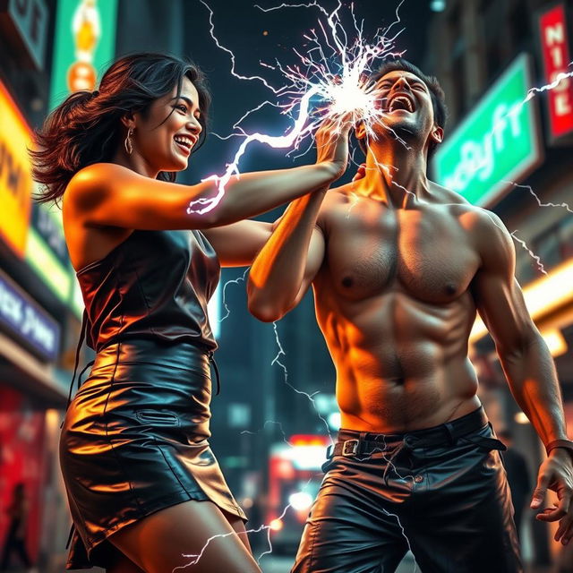 A young Indian girl in a stylish leather skirt, confidently wielding zapping power towards a half-naked man, who is screaming in pain as electric sparks fly around him