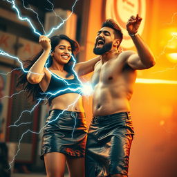 A young Indian girl in a stylish leather skirt, confidently using her zapping power against a half-naked man who is screaming due to the electric shock