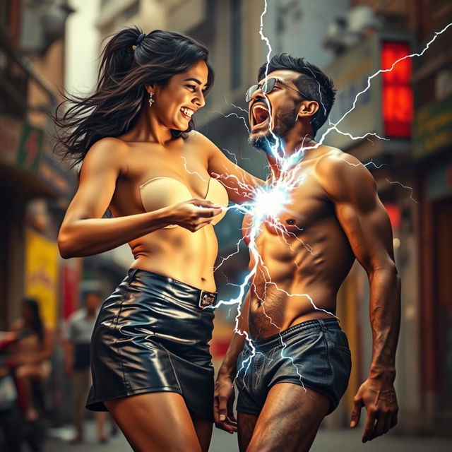 A young Indian girl in a stylish leather skirt, confidently using her zapping power against a half-naked man who is screaming due to the electric shock