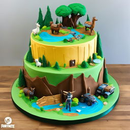 A three-tiered Fortnite-inspired birthday cake with layers representing ground, landscape, and sky