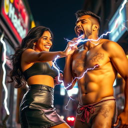 A young Indian girl in a stylish leather skirt, confidently using her zapping power against a half-naked man who is screaming due to the electric shock