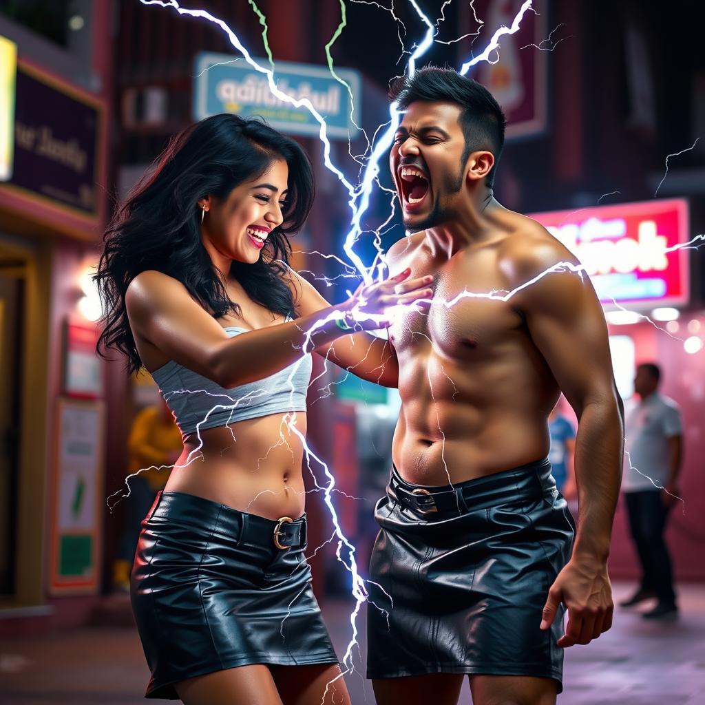 A young Indian girl in a stylish leather skirt, confidently using her zapping power against a half-naked man who is screaming due to the electric shock