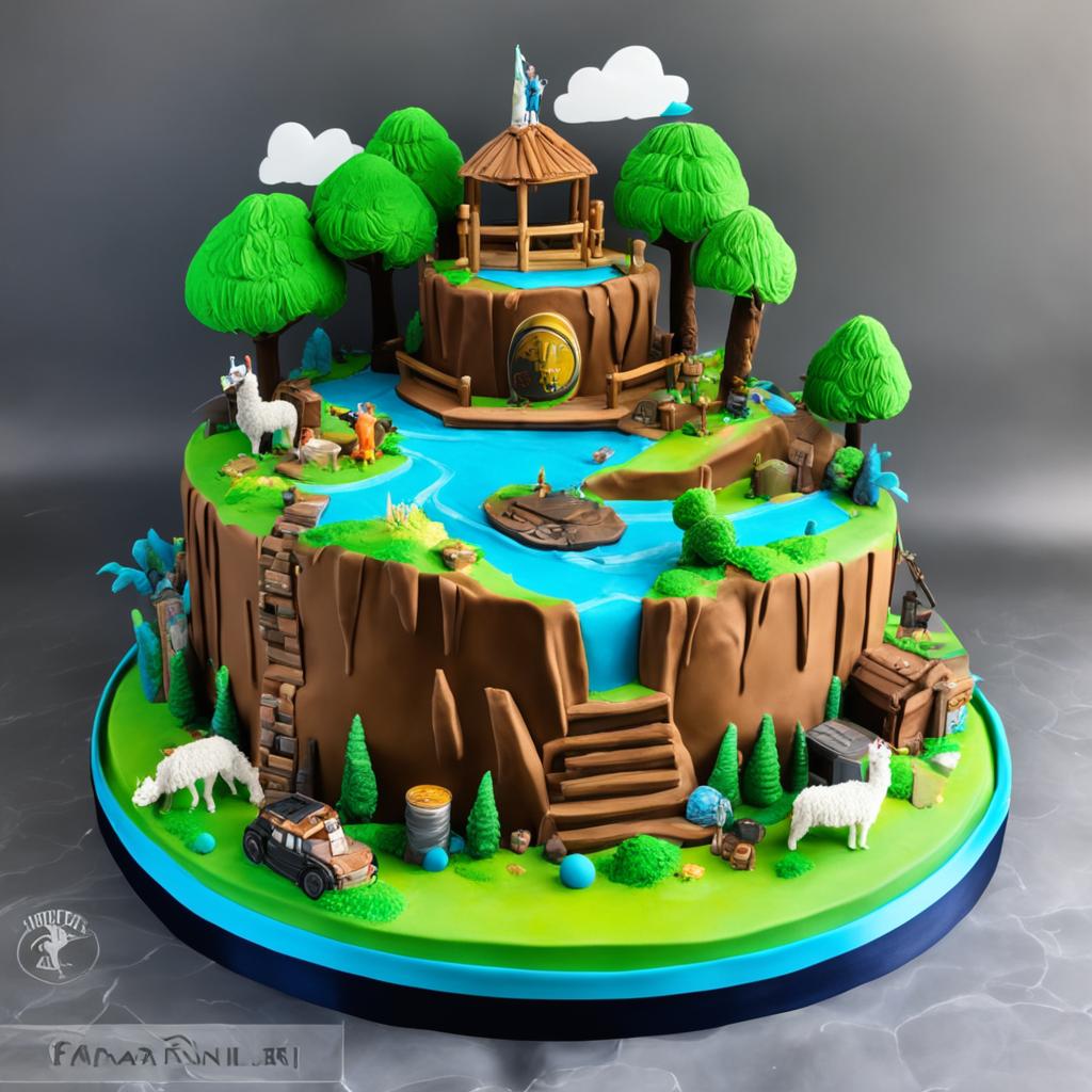 A three-tiered Fortnite-inspired birthday cake with layers representing ground, landscape, and sky