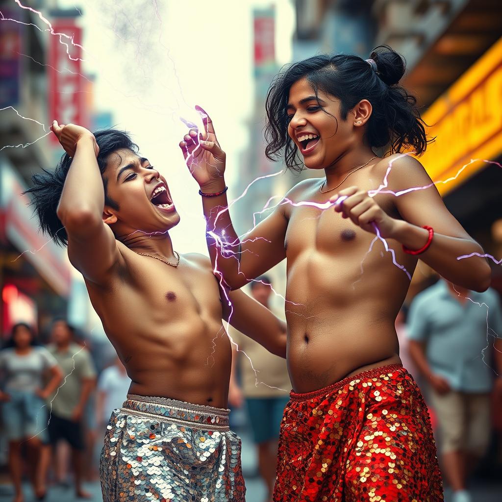 A young Indian girl in a shimmering sequin skirt, playfully channeling her zapping power towards a half-naked man who is screaming in pain from the shock