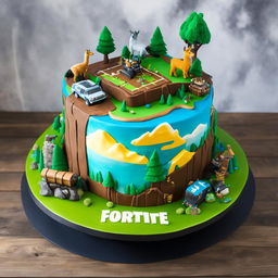 A three-tiered Fortnite-inspired birthday cake with layers representing ground, landscape, and sky