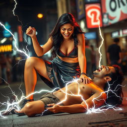 A young Indian girl in a stylish leather skirt, playfully using her zapping power on a half-naked man who is lying down and screaming in pain