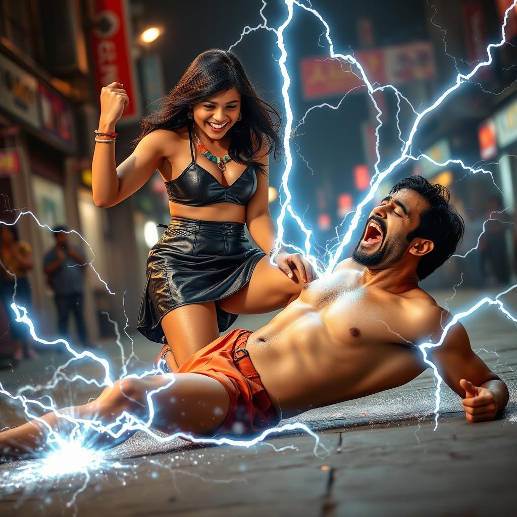 A young Indian girl in a stylish leather skirt, playfully using her zapping power on a half-naked man who is lying down and screaming in pain