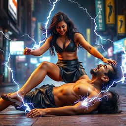 A young Indian girl in a stylish leather skirt, playfully using her zapping power on a half-naked man who is lying down and screaming in pain