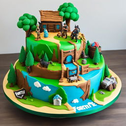 A three-tiered Fortnite-inspired birthday cake with layers representing ground, landscape, and sky