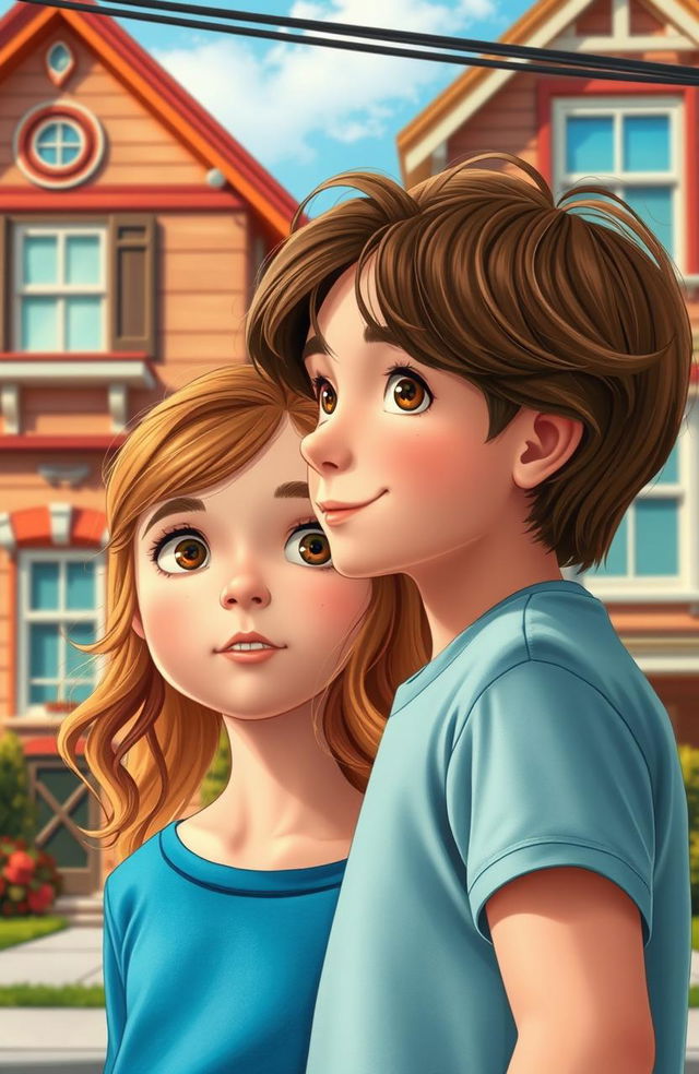 A girl with wavy hair looking straight at a brown-haired boy, set against a backdrop of paired houses