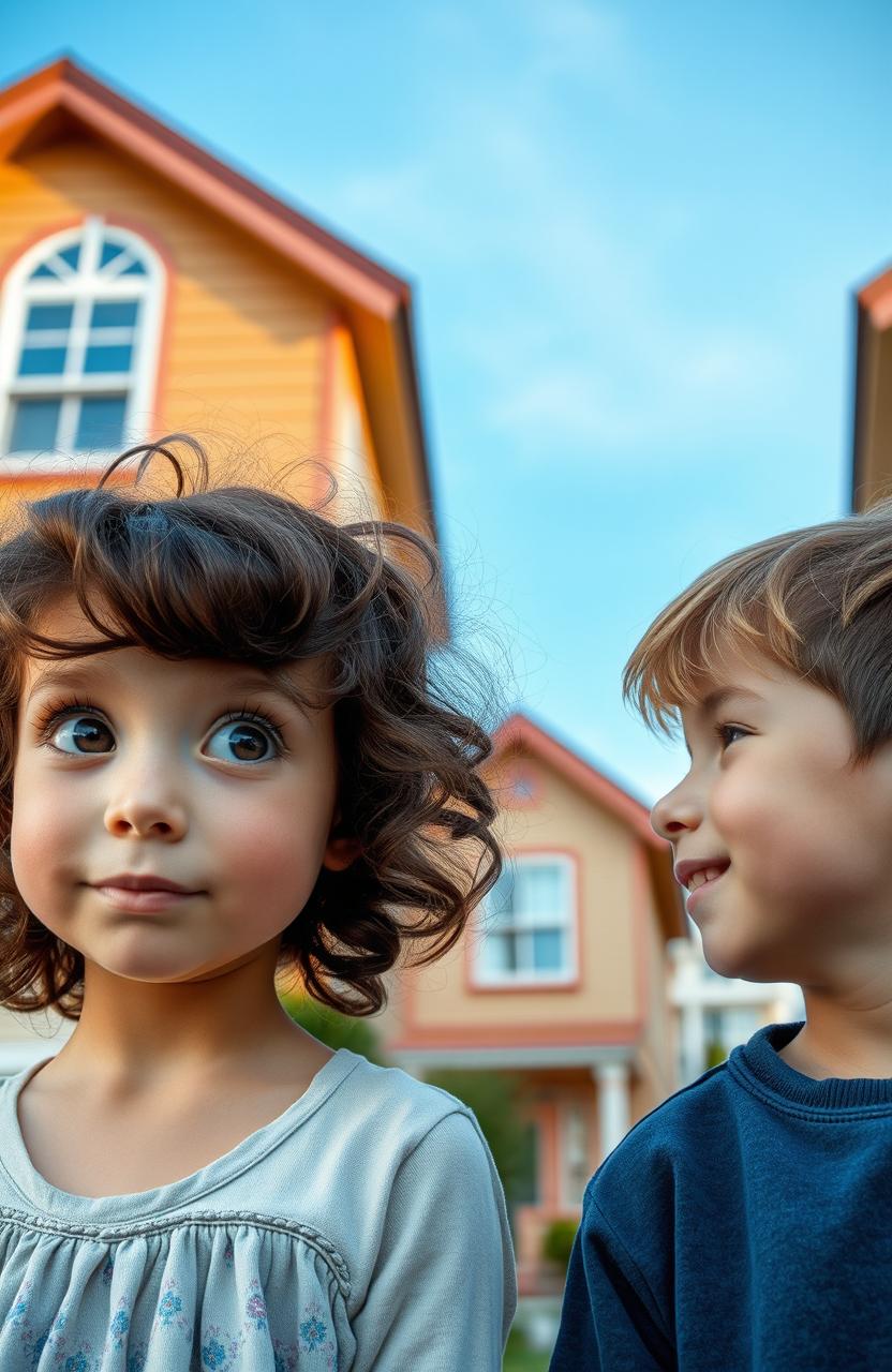 A girl with wavy hair looking straight at a brown-haired boy, set against a backdrop of paired houses