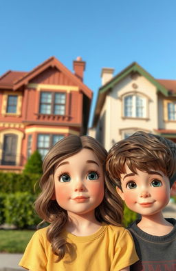 A girl with wavy hair looking straight at a brown-haired boy, set against a backdrop of paired houses