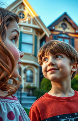 A girl with wavy hair looking straight at a brown-haired boy, set against a backdrop of paired houses