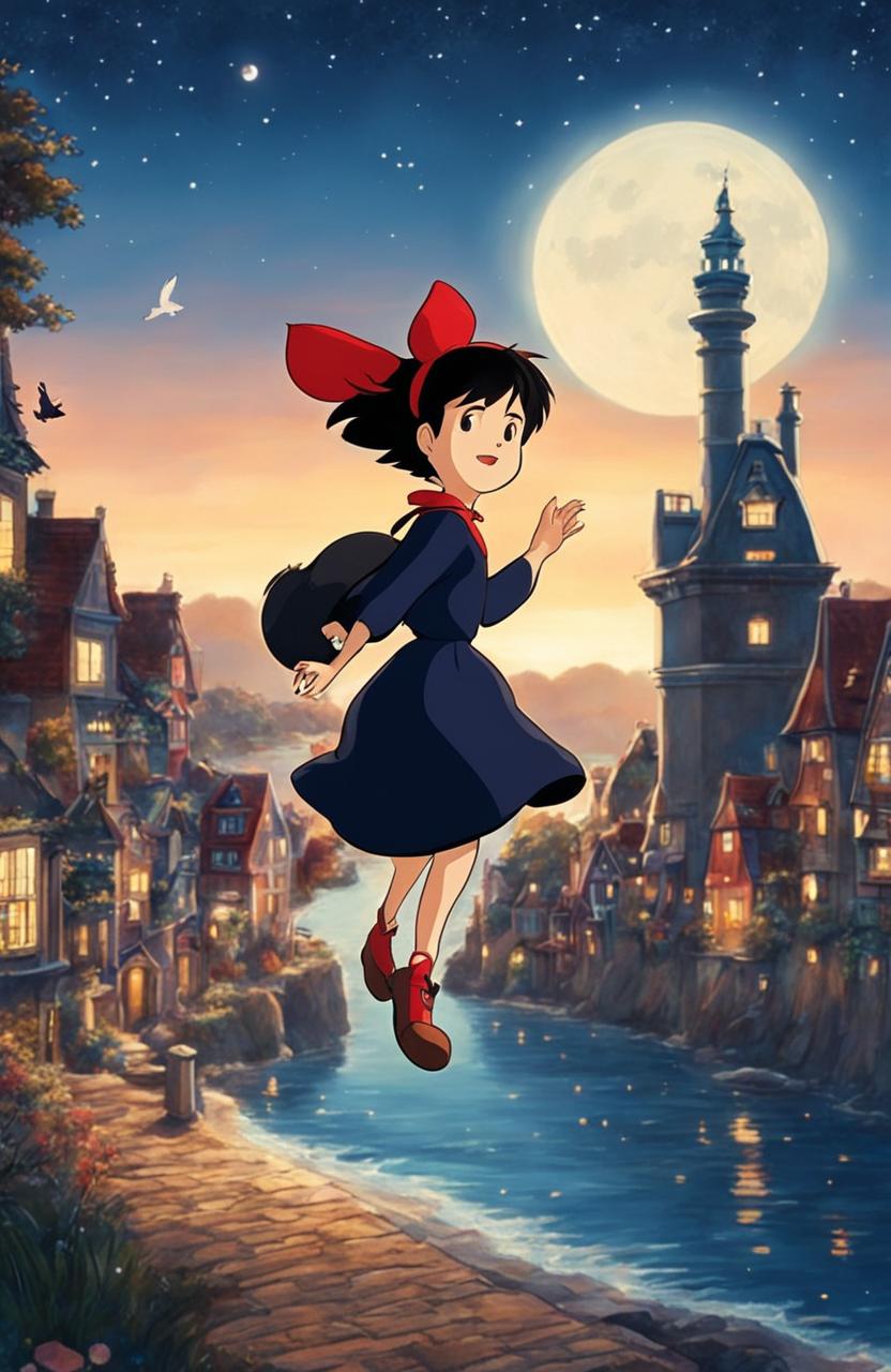 Detailed Kiki's Delivery Service poster in Studio Ghibli style featuring Kiki and Jiji flying over the seaside town under a starlit sky