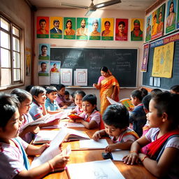 A vibrant and engaging scene from a Tamil school, showcasing students of various ages engaged in learning activities