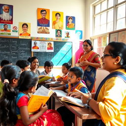 A vibrant and engaging scene from a Tamil school, showcasing students of various ages engaged in learning activities