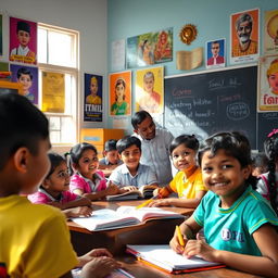 A vibrant and engaging scene from a Tamil school, showcasing students of various ages engaged in learning activities