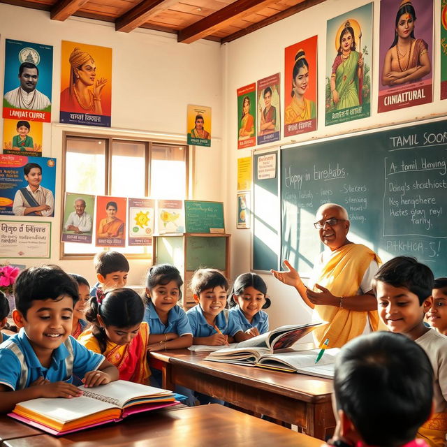 A vibrant and engaging scene from a Tamil school, showcasing students of various ages engaged in learning activities