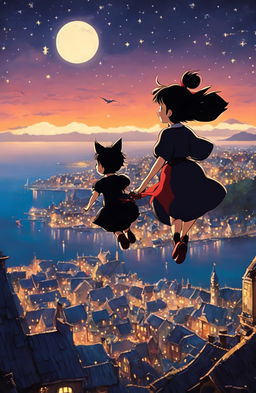 Detailed Kiki's Delivery Service poster in Studio Ghibli style featuring Kiki and Jiji flying over the seaside town under a starlit sky