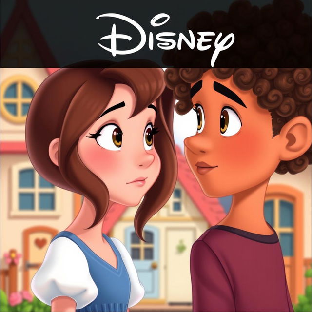 An animated Disney-style cover featuring a girl with wavy hair looking seriously at a curly-haired boy with brown hair, as he gazes back at her