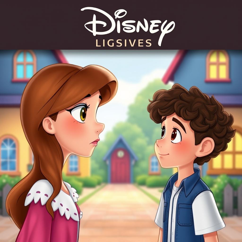 An animated Disney-style cover featuring a girl with wavy hair looking seriously at a curly-haired boy with brown hair, as he gazes back at her