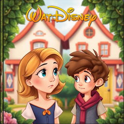 An animated Disney-style cover featuring a girl with wavy hair looking seriously at a curly-haired boy with brown hair, as he gazes back at her