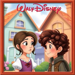 An animated Disney-style cover featuring a girl with wavy hair looking seriously at a curly-haired boy with brown hair, as he gazes back at her
