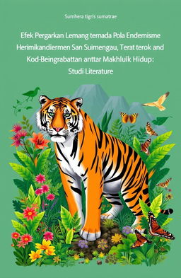 A book cover illustration featuring a majestic Sumatran tiger (Panthera tigris sumatrae) in a lush, tropical rainforest setting