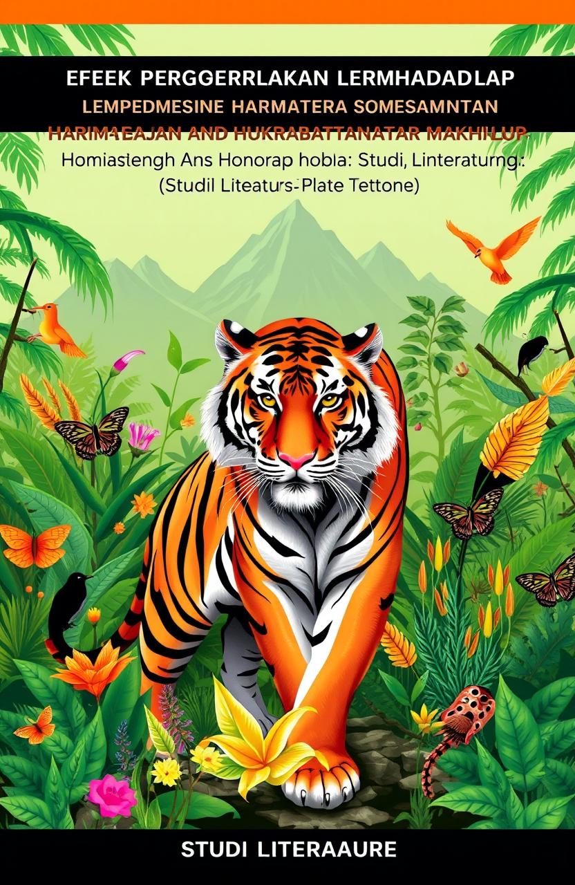 A book cover illustration featuring a majestic Sumatran tiger (Panthera tigris sumatrae) in a lush, tropical rainforest setting