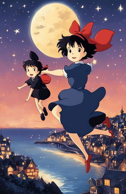 Detailed Kiki's Delivery Service poster in Studio Ghibli style featuring Kiki and Jiji flying over the seaside town under a starlit sky