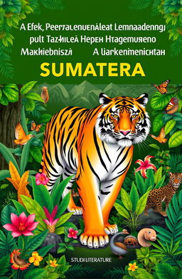 A book cover illustration featuring a majestic Sumatran tiger (Panthera tigris sumatrae) in a lush, tropical rainforest setting