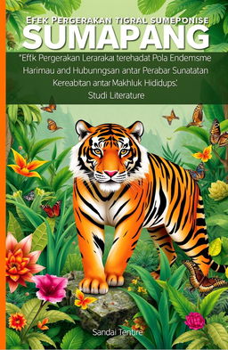 A book cover illustration featuring a majestic Sumatran tiger (Panthera tigris sumatrae) in a lush, tropical rainforest setting