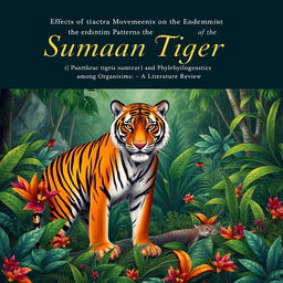 A book cover illustration featuring a striking Sumatran tiger (Panthera tigris sumatrae) captured in a poised stance within a dense and vibrant tropical rainforest