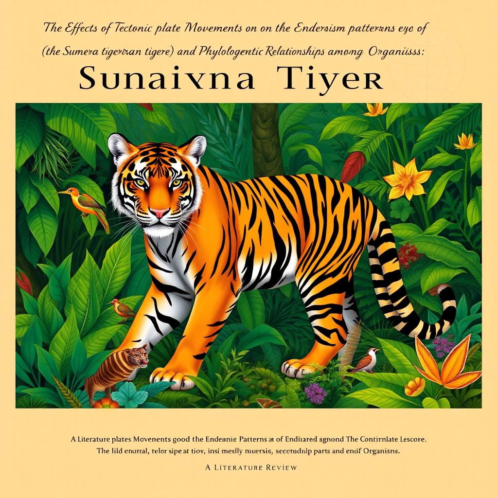 A book cover illustration featuring a striking Sumatran tiger (Panthera tigris sumatrae) captured in a poised stance within a dense and vibrant tropical rainforest