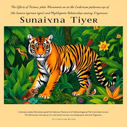 A book cover illustration featuring a striking Sumatran tiger (Panthera tigris sumatrae) captured in a poised stance within a dense and vibrant tropical rainforest