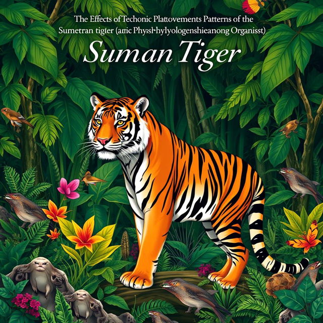 A book cover illustration featuring a striking Sumatran tiger (Panthera tigris sumatrae) captured in a poised stance within a dense and vibrant tropical rainforest