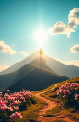 A serene and spiritual landscape representing the journey towards Tauhid, featuring a peaceful mountain setting with a clear blue sky