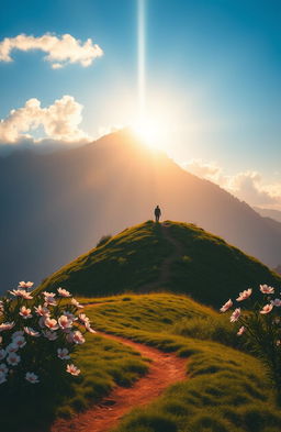 A serene and spiritual landscape representing the journey towards Tauhid, featuring a peaceful mountain setting with a clear blue sky
