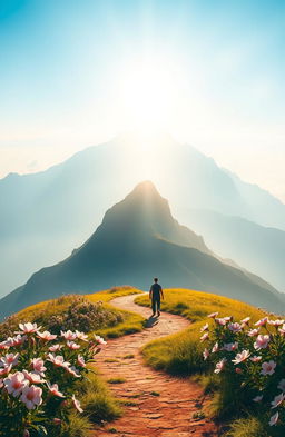 A serene and spiritual landscape representing the journey towards Tauhid, featuring a peaceful mountain setting with a clear blue sky