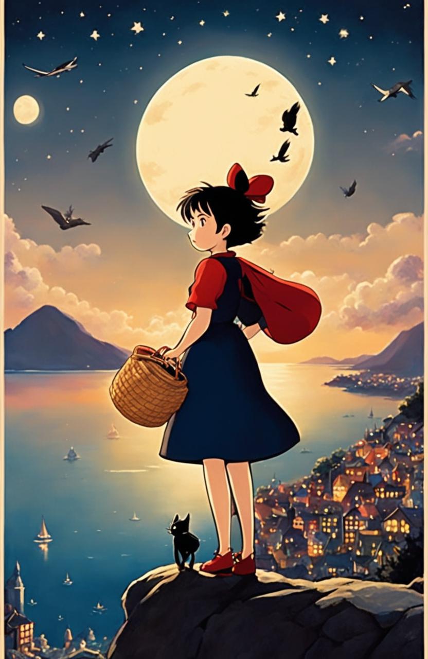 Detailed Kiki's Delivery Service poster in Studio Ghibli style featuring Kiki and Jiji flying over the seaside town under a starlit sky